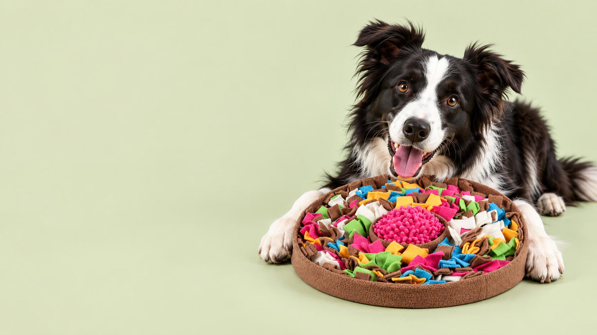 Border Collie liegt hinter einem runden, bunten Schnüffelteppich