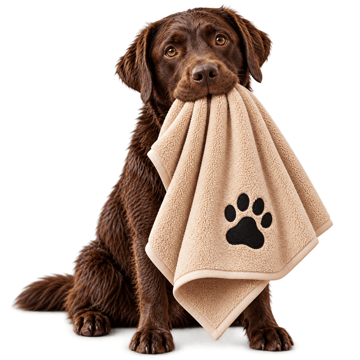 Cocker Spaniel in ein beiges Hundehandtuch gewickelt