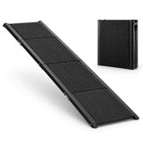 Klappbare Alu-Hunderampe mit schwarzer Oxford-Lauffläche, daneben vierfach zusammengeklappt