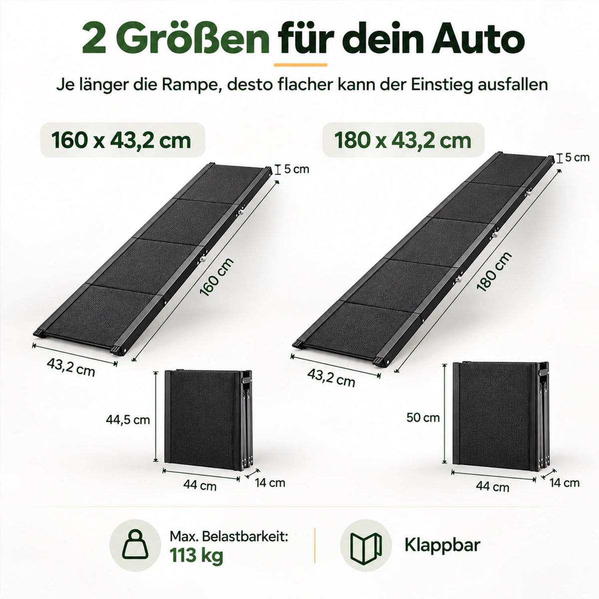 Maße der Alu-Hunderampe in 160 × 43,2 cm und 180 × 43,2 cm mit Packmaß