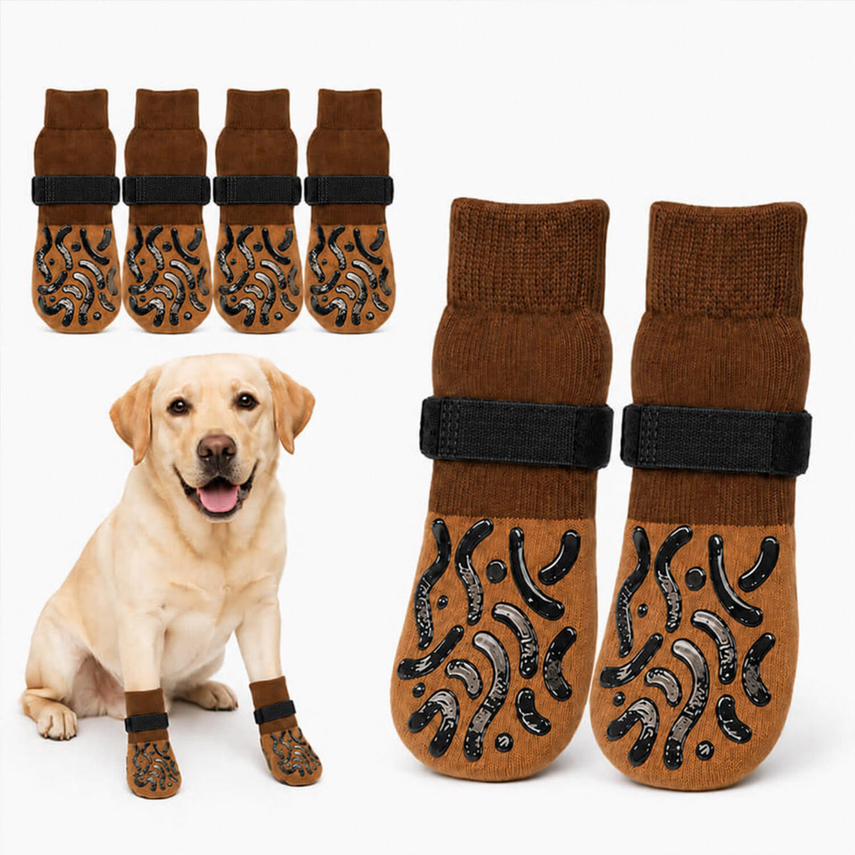 Rutschfeste Hundesocken „Buddy“ im 4er-Set in Braun mit schwarzem Klettverschluss und Silikon-Noppen, getragen von einem Labrador.