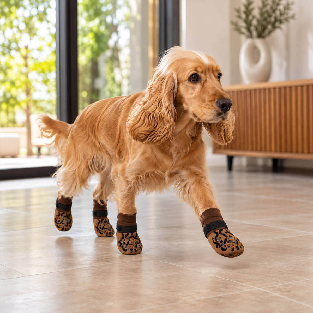 Cocker Spaniel rennt mit Anti-Rutsch-Socken über Fliesen – der 360° Grip hält auch bei schnellen Bewegungen.