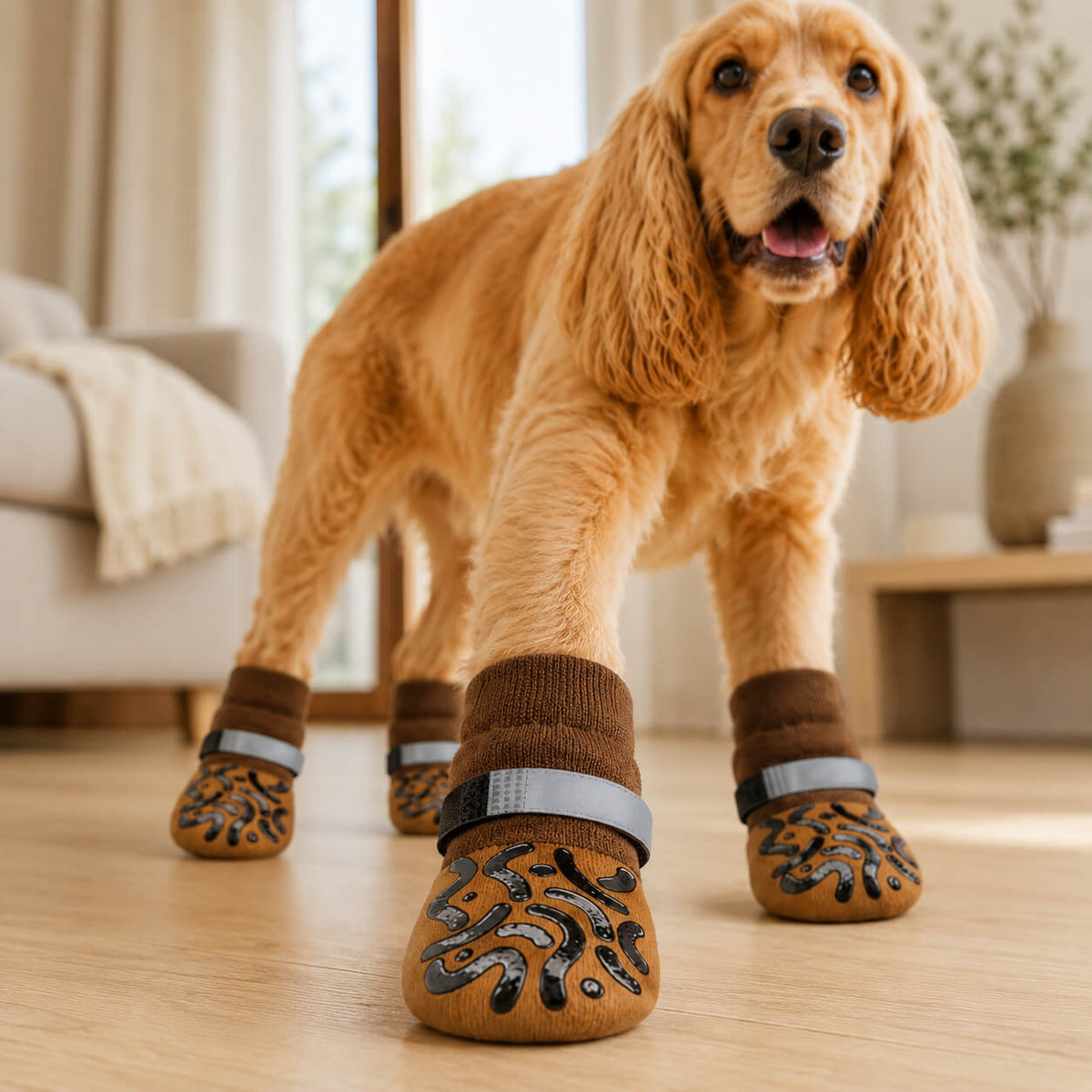 Hund mit Anti-Rutsch-Socken auf glattem Holzboden für mehr Trittsicherheit und sicheren Halt beim Laufen.