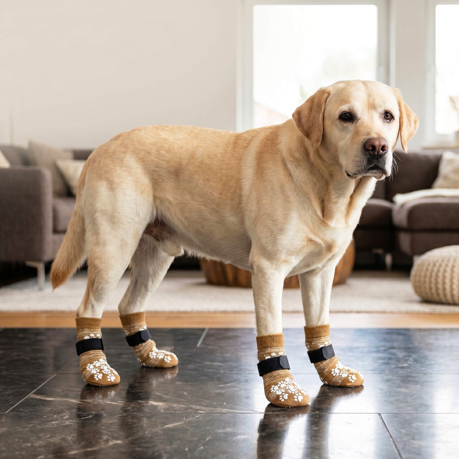 Ein älterer gelber Labrador steht sicher auf glatten dunklen Fliesen dank brauner Antirutsch-Hundesocken, die maximale Trittsicherheit bieten und Gelenkschäden bei Senioren-Hunden durch Wegrutschen vorbeugen