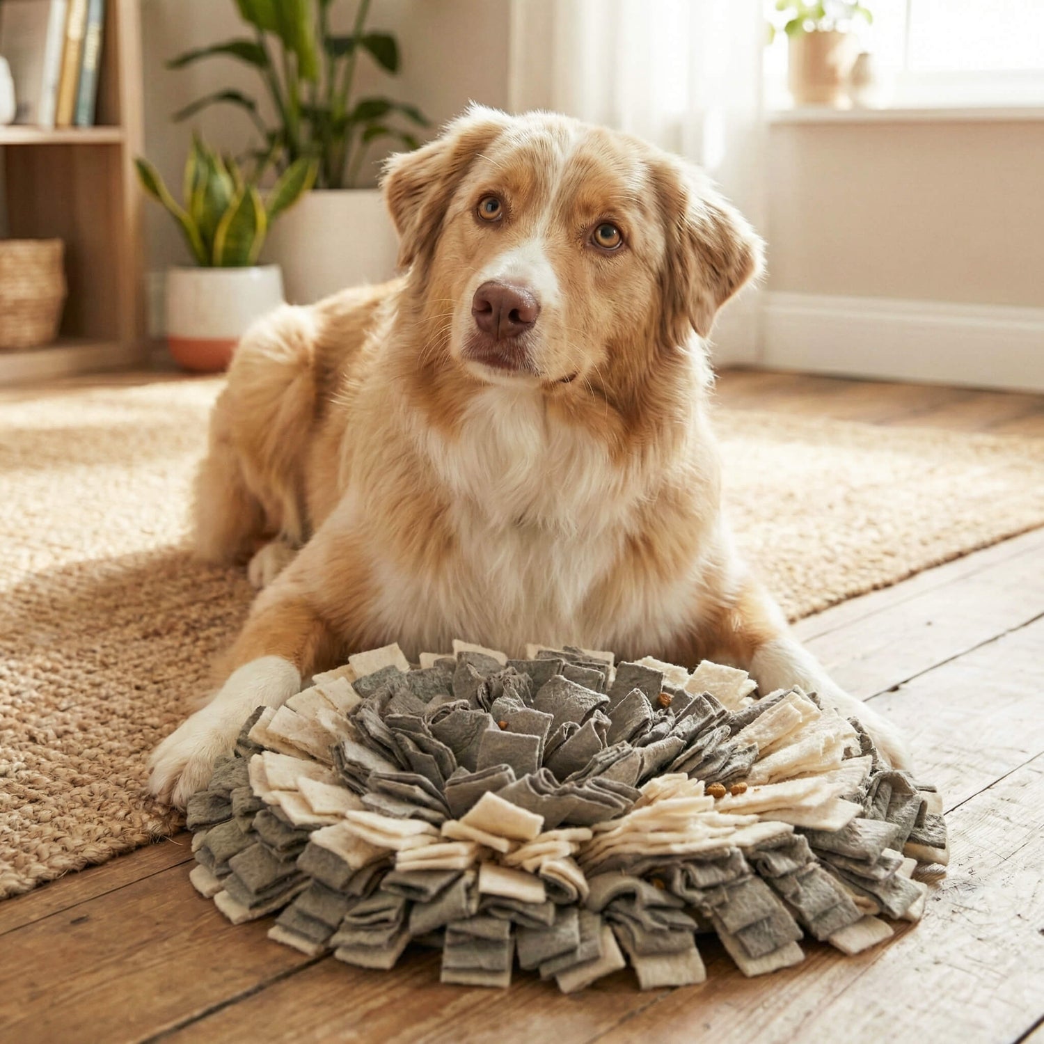 Ein Australian Shepherd Hund liegt entspannt auf einem Holzfußboden und schaut auf einen runden grau-cremefarbenen Schnüffelteppich, in dem Leckerlis versteckt sind. Im gemütlichen Hintergrund sind Pflanzen und Regale zu sehen.