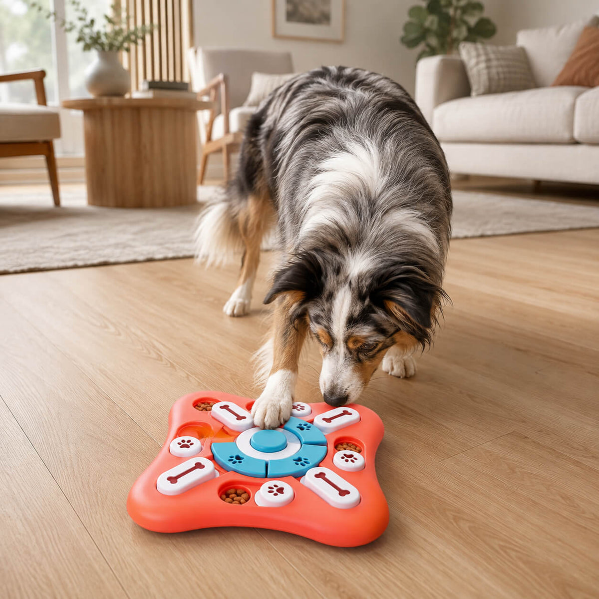 Australian Shepherd schiebt mit der Pfote einen Knochendeckel am roten Beschäftigungsspielzeug für Hunde zur Seite
