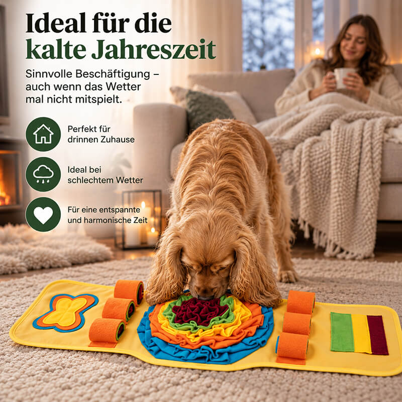 Hund nutzt einen Beschäftigungsteppich mit Schnüffelbereichen im gemütlichen Wohnzimmer als Indoor-Beschäftigung in der kalten Jahreszeit.