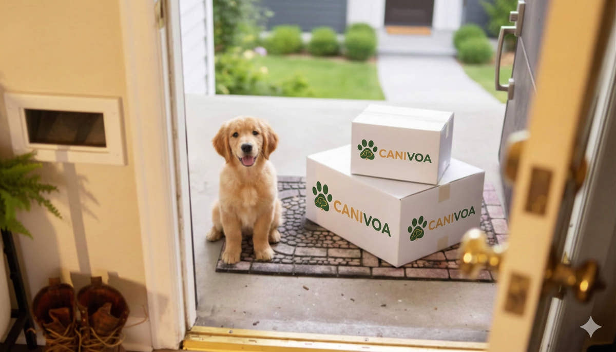 Ein Golden Retriever Welpe sitzt neben CANIVOA Versandkartons an einer Haustür – kostenloser Versand für dein Hundezubehör ohne Mindestbestellwert