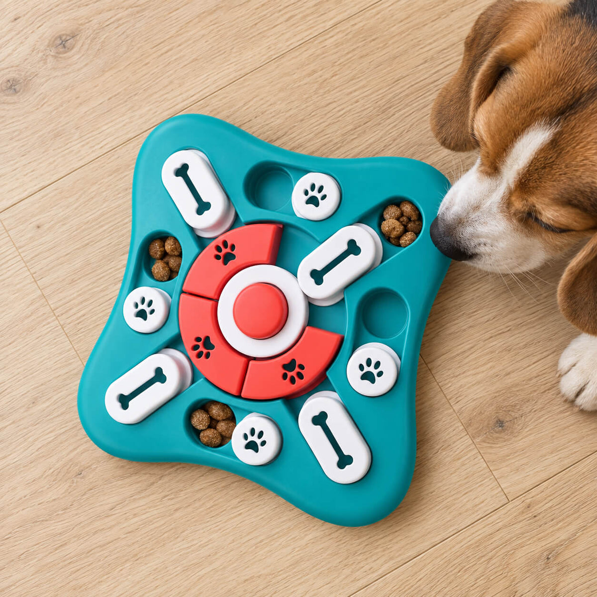 Denkspiel für Hunde in Türkis von oben, offene Fächer mit Trockenfutter, ein Beagle schnuppert daran