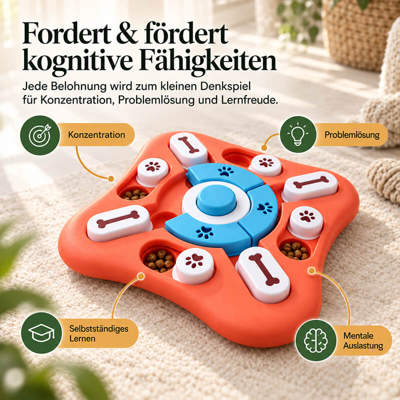 Denkspielzeug für Hunde mit Leckerlis in mehreren Fächern auf einem hellen Teppich