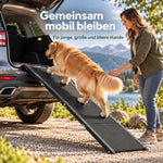 Frau begleitet ihren Hund, der über die Alu-Rampe in den Kofferraum steigt