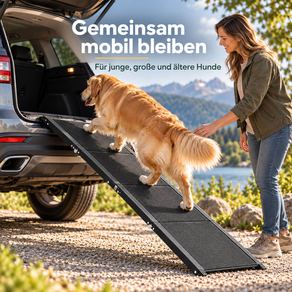 Frau begleitet ihren Hund, der über die Alu-Rampe in den Kofferraum steigt