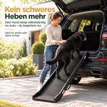 Auto-Einstiegshilfe für Hunde, mit der ein großer Hund selbstständig über die Rampe in den Kofferraum steigt.