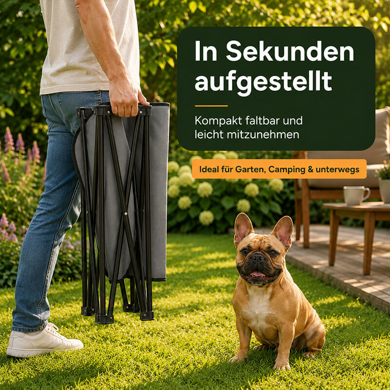 Faltbare Hundeliege für Camping und unterwegs, kompakt zusammengeklappt und leicht im Garten zu transportieren.