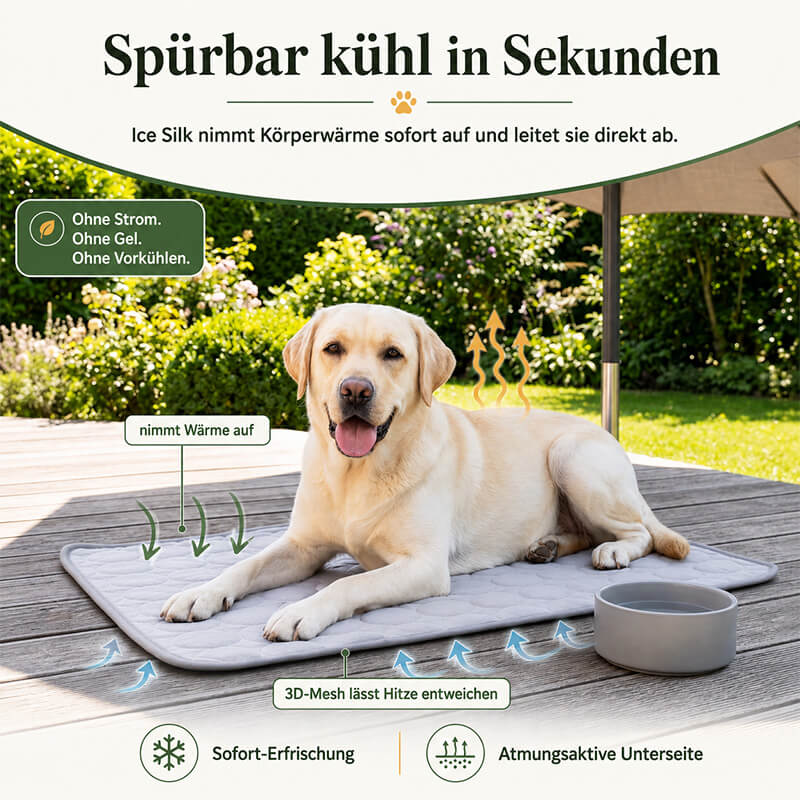 Infografik zur Funktionsweise einer selbstkühlenden Hundematte auf einer Terrasse. Ein heller Labrador liegt entspannt auf der grauen Matte. Grüne und orangene Pfeile veranschaulichen, wie das Ice Silk Material die Körperwärme des Hundes aufnimmt und das 3D-Mesh auf der Unterseite die Hitze entweichen lässt. Textboxen heben die Hauptargumente hervor: 'Spürbar kühl in Sekunden', 'Ohne Strom. Ohne Gel. Ohne Vorkühlen.' sowie 'Sofort-Erfrischung' und 'Atmungsaktive Unterseite'.
