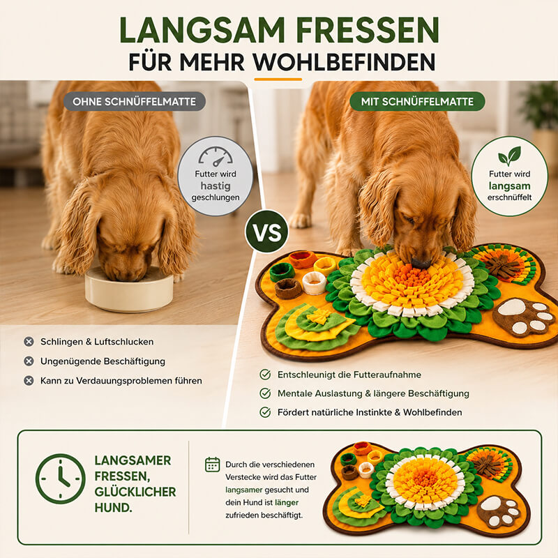 Futterteppich für Hunde im Vergleich zum Futternapf – Leckerlis werden in der Schnüffelmatte gesucht und dadurch langsamer aufgenommen.