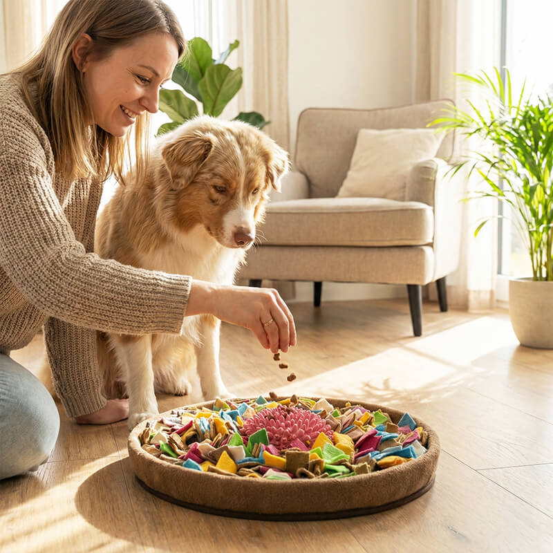 Frau legt Leckerlis auf den runden Futterteppich, ihr Hund sitzt daneben und wartet auf den Start der Suche