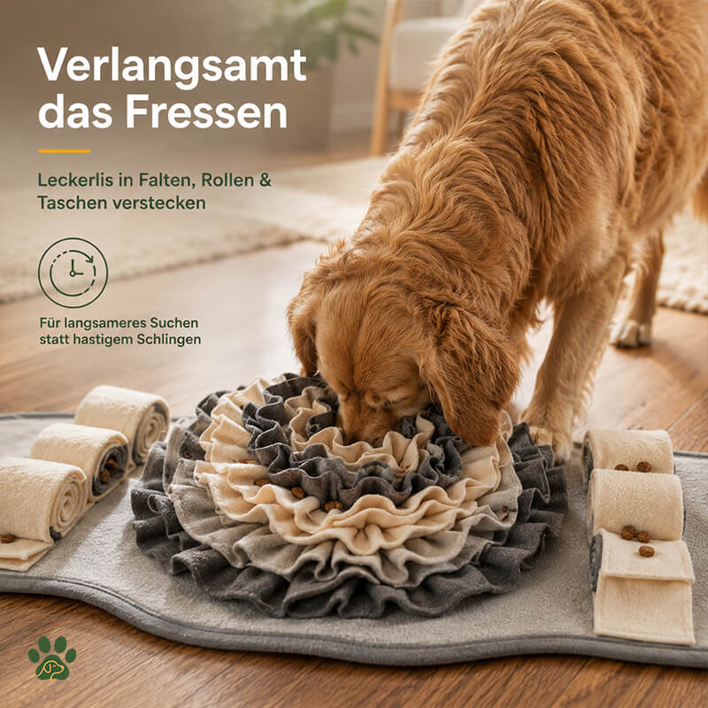 Hund sucht Leckerlis in einem Futterteppich mit Falten, Rollen und Taschen für eine langsamere und längere Futtersuche.
