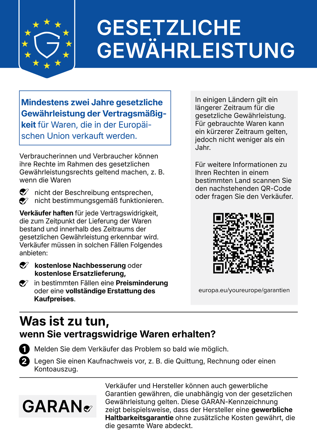 Offizieller EU-Hinweis: Mindestens zwei Jahre gesetzliche Gewährleistung