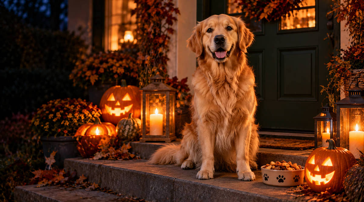 Golden Retriever sitzt vor einer Haustür zwischen leuchtenden Halloween-Kürbissen und Laternen