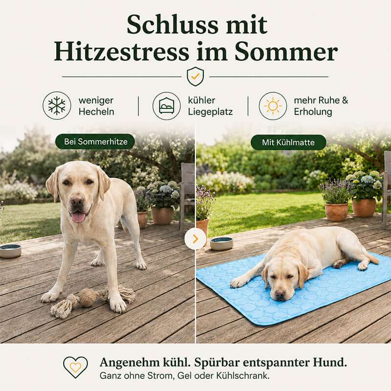 Eine Vorher-Nachher-Grafik zum Thema Hitzestress im Sommer. Links steht ein hechelnder Labrador bei Sommerhitze auf einer Holzterrasse. Rechts liegt derselbe Hund spürbar entspannt auf einer blauen, selbstkühlenden Kühlmatte. Icons im Bild versprechen weniger Hecheln und einen kühleren Liegeplatz. Ein Text am unteren Rand betont, dass die Matte ganz ohne Strom, Gel oder Kühlschrank funktioniert.