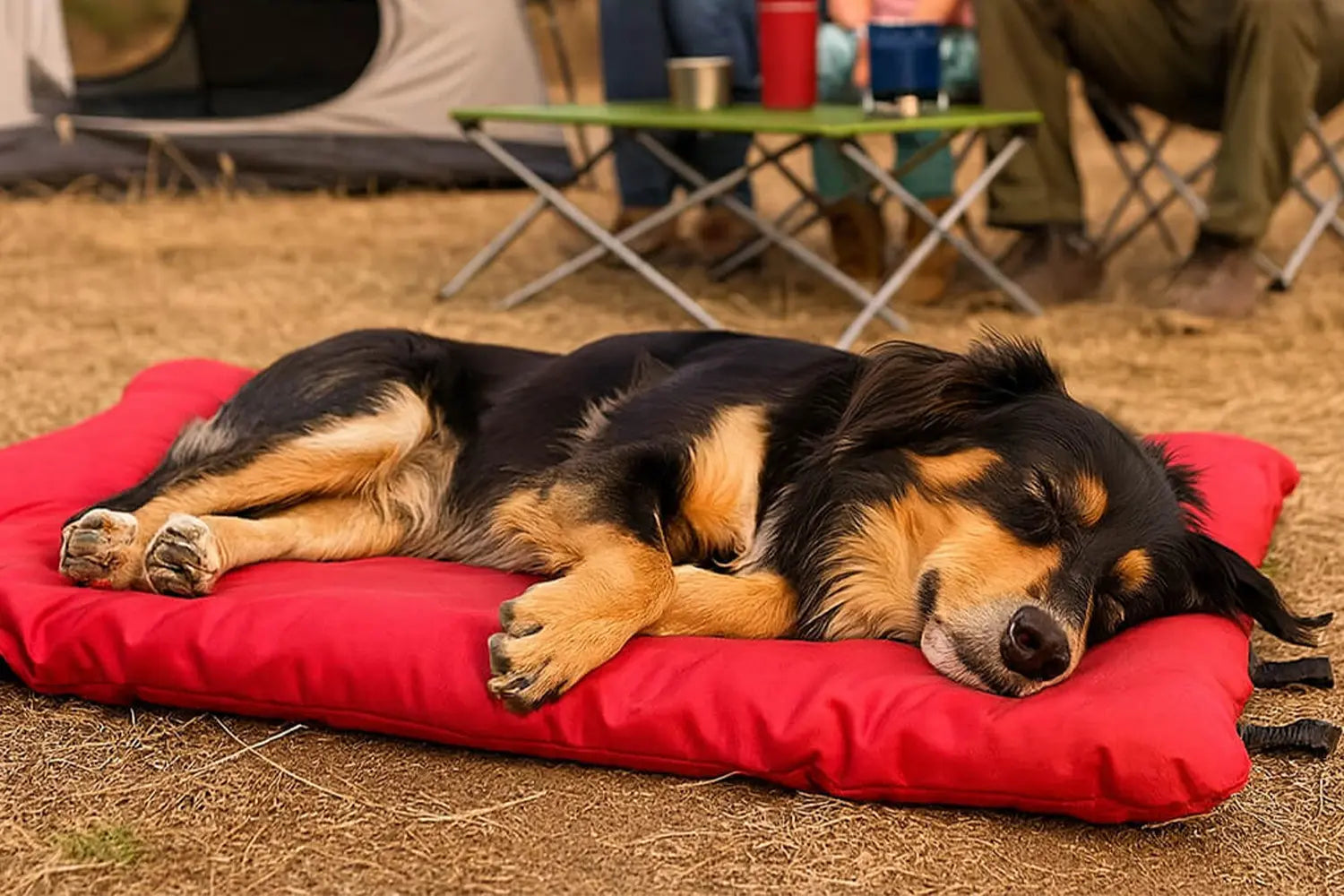 Hund liegt entspannt auf wasserfestem Outdoor Hundebett – gepolsterte Hundematte für Camping
