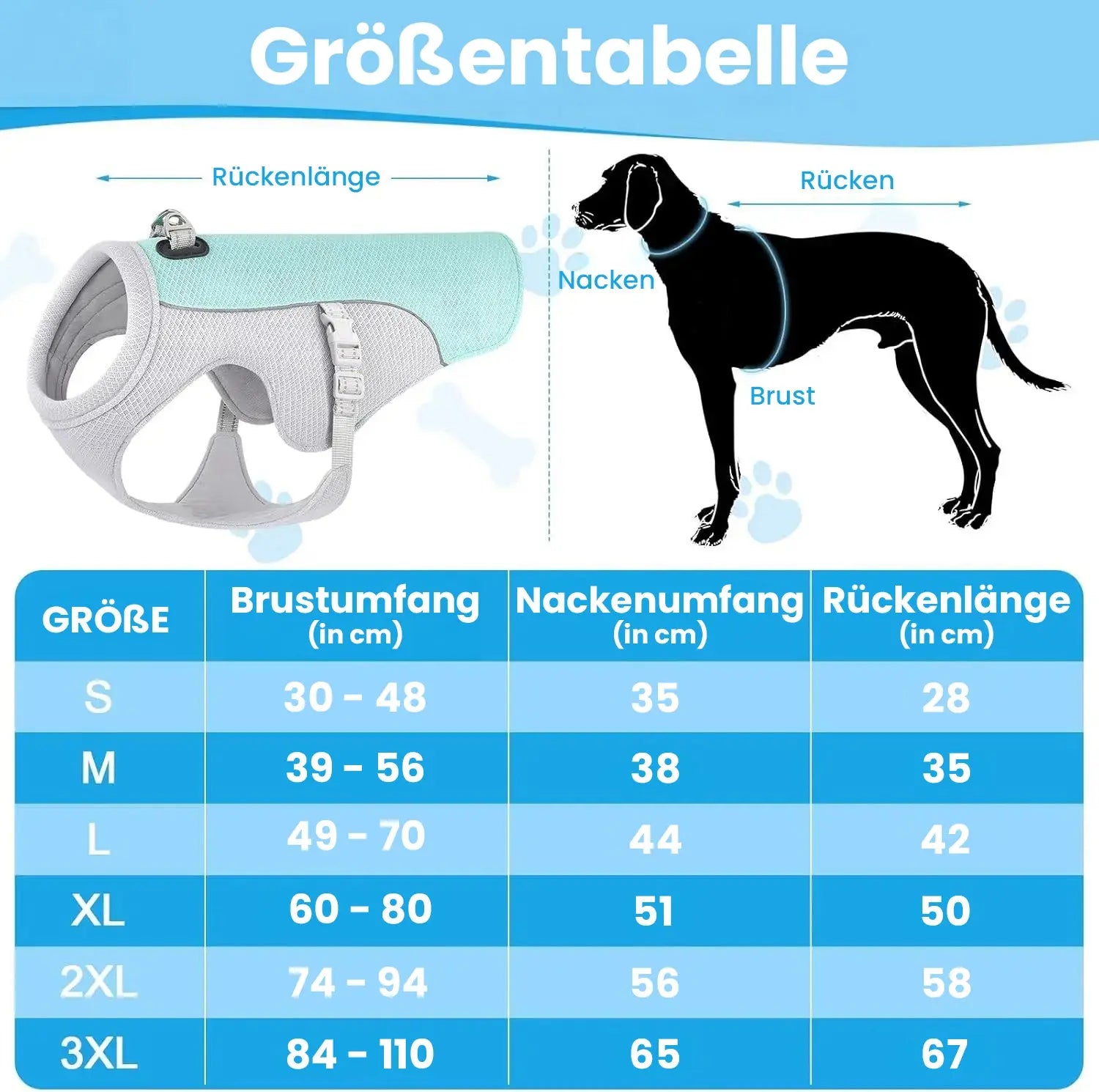 Größentabelle der Kühlweste Hund