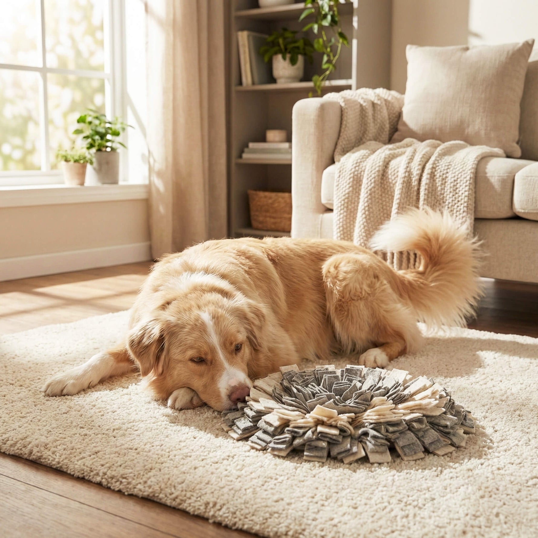 Hund vor grau-weißem Schnüffelteppich aus Fleece. Das interaktive Hundespielzeug zur Nasenarbeit und Auslastung liegt auf einem weichen Teppich in einem hellen, gemütlichen Wohnzimmer.