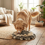 Ein rötlich-cremefarbener Hund steht auf einem rustikalen Holzfußboden und steckt seine Nase tief in einen runden grau-cremefarbenen Schnüffelteppich. Im gemütlichen Hintergrund sind ein Sofa, ein Jute-Teppich, Zimmerpflanzen und ein Fenster zu sehen.