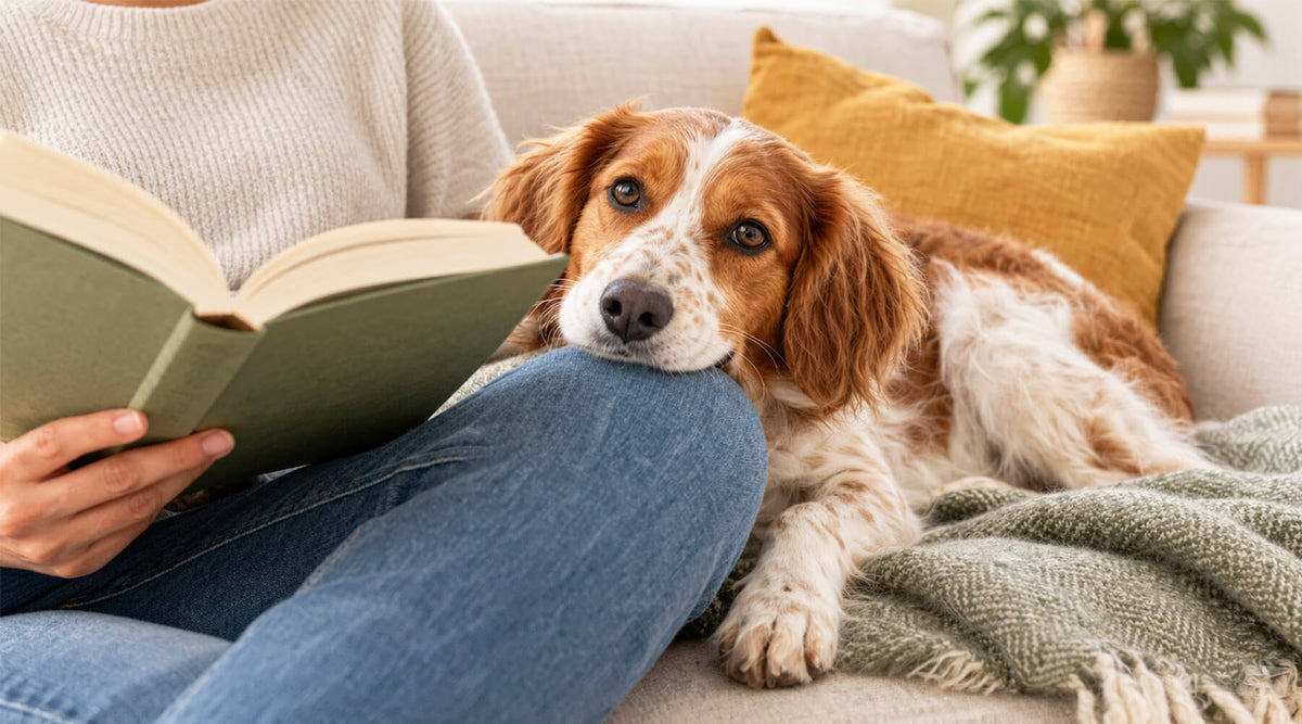 Rot-weißer Hund liegt auf dem Sofa und legt den Kopf auf das Knie seines Menschen, der in einem Buch liest