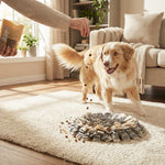 Nahaufnahme einer Person, die aus einer Papiertüte Leckerlis auf einen runden grau-cremefarbenen Schnüffelteppich fallen lässt. Ein aufgeregter Australian Shepherd steht daneben und schaut zu. Der Teppich liegt auf einem weichen Teppich im Wohnzimmer.
