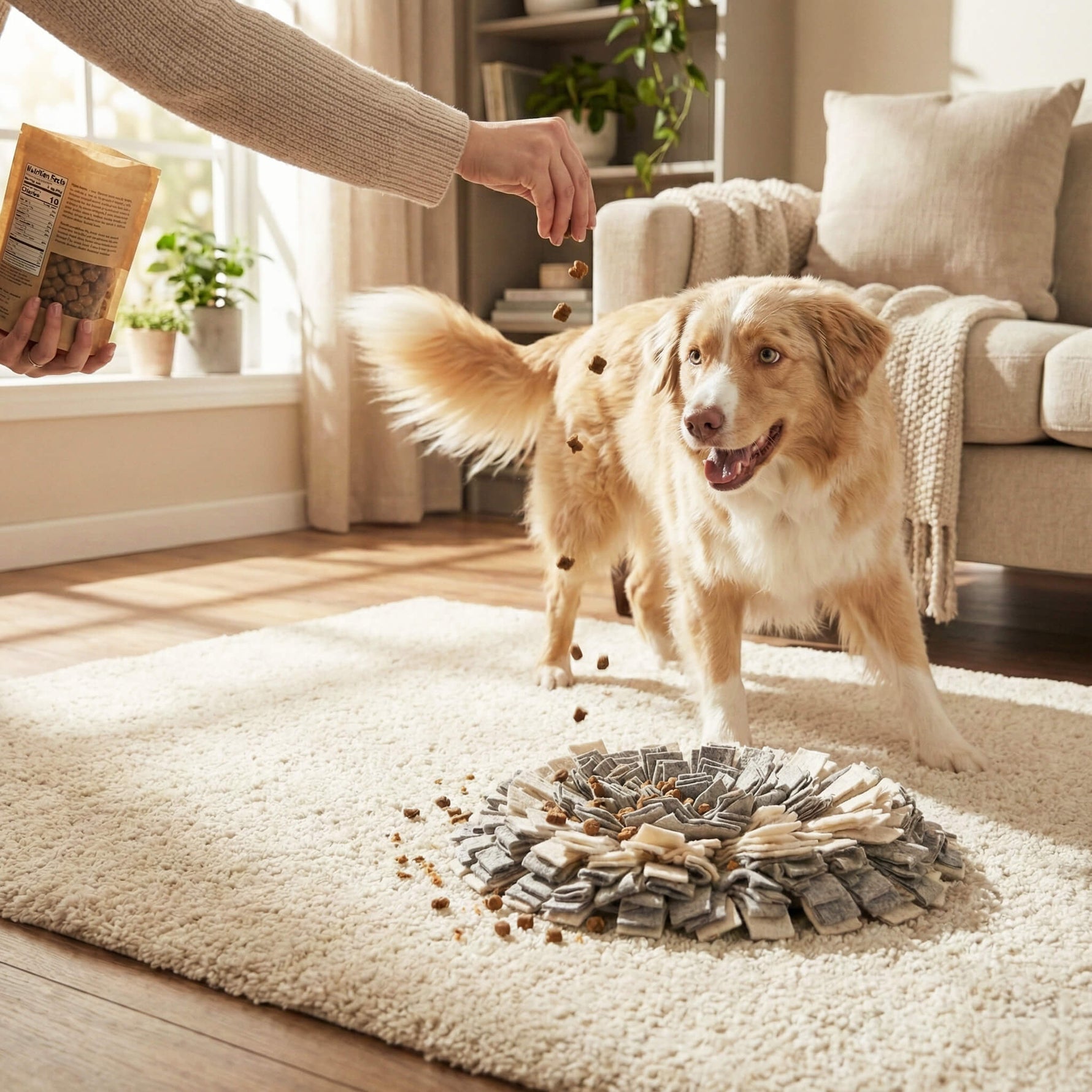 Nahaufnahme einer Person, die aus einer Papiertüte Leckerlis auf einen runden grau-cremefarbenen Schnüffelteppich fallen lässt. Ein aufgeregter Australian Shepherd steht daneben und schaut zu. Der Teppich liegt auf einem weichen Teppich im Wohnzimmer.