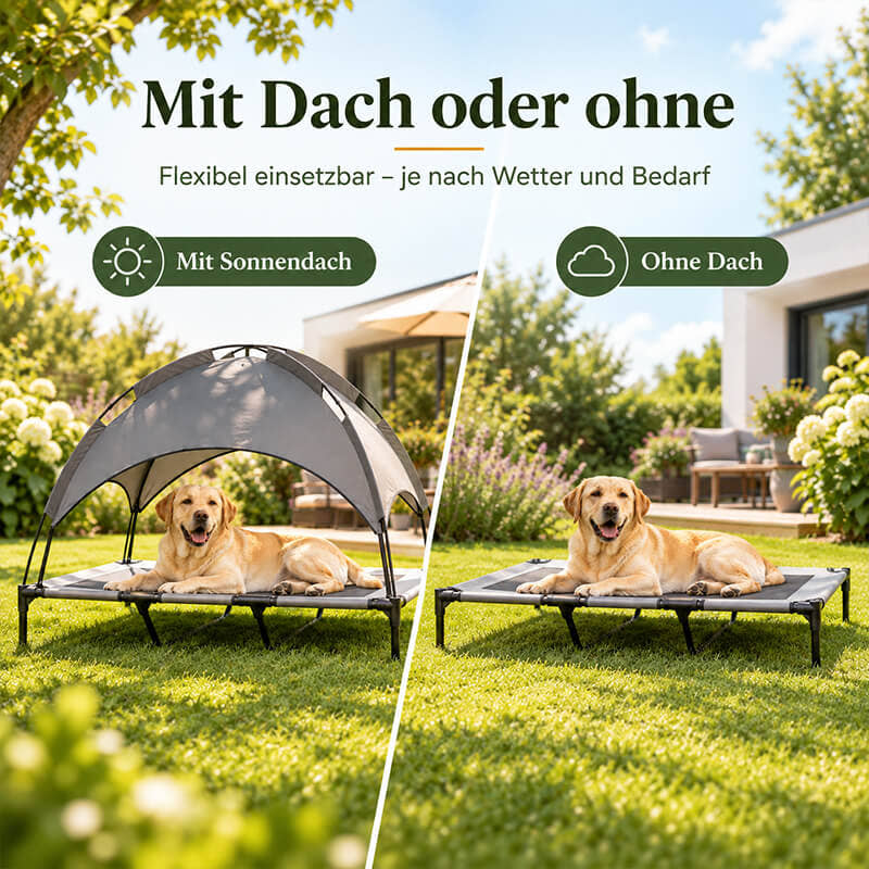 Hundebett Outdoor mit abnehmbarem Dach im Vergleich – als Hundeliege mit Sonnenschutz oder offen ohne Dach nutzbar.