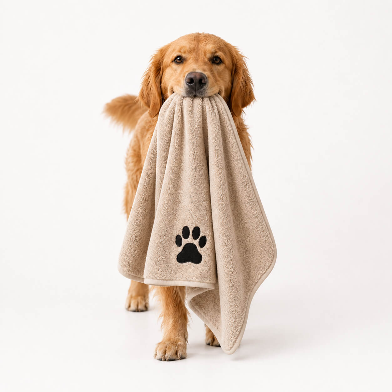 Golden Retriever hält ein beiges Coral-Fleece-Hundehandtuch mit schwarzem Pfotenmotiv im Maul.