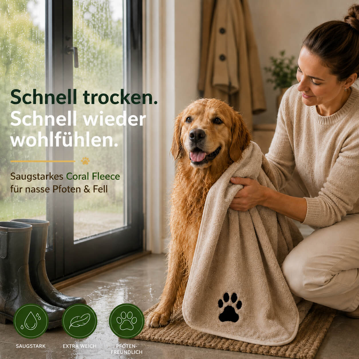 Nasser Golden Retriever wird zu Hause mit einem saugstarken Coral-Fleece-Hundehandtuch an Fell und Pfoten abgetrocknet.