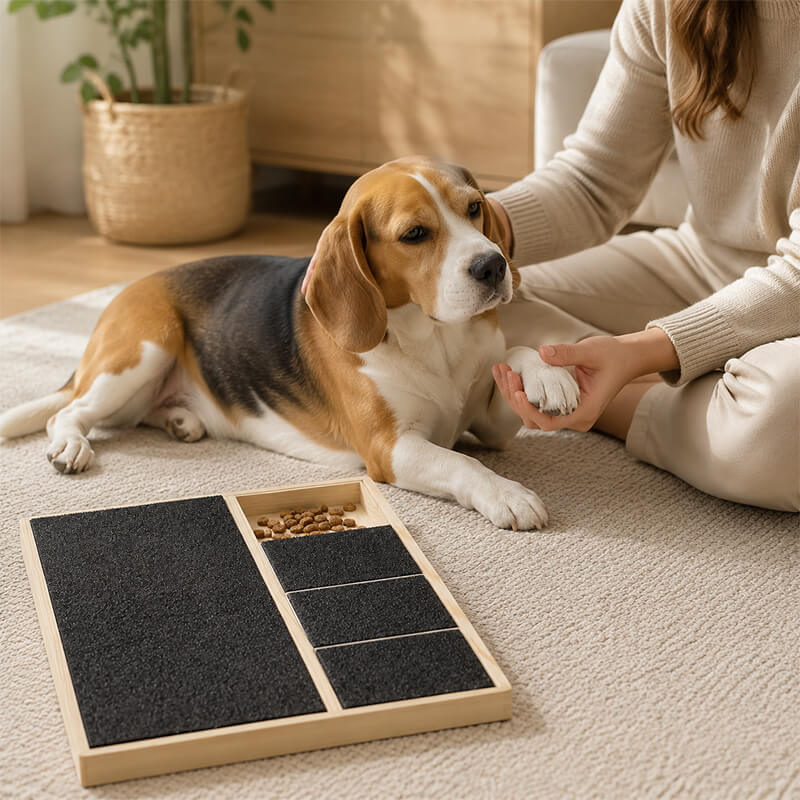 Entspannte Krallenpflege beim Hund mit Kratzpad – eine schonende Möglichkeit, Hundekrallen ohne klassisches Schneiden zu kürzen.