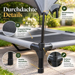 Detailansicht einer erhöhten Hundeliege mit Dach mit stabilen Standfüßen, robuster Liegefläche und abnehmbarem Sonnendach für draußen.