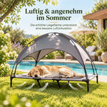 Hundeliege mit Sonnendach für warme Sommertage mit erhöhter Liegefläche und Luftzirkulation unter dem Hundebett.