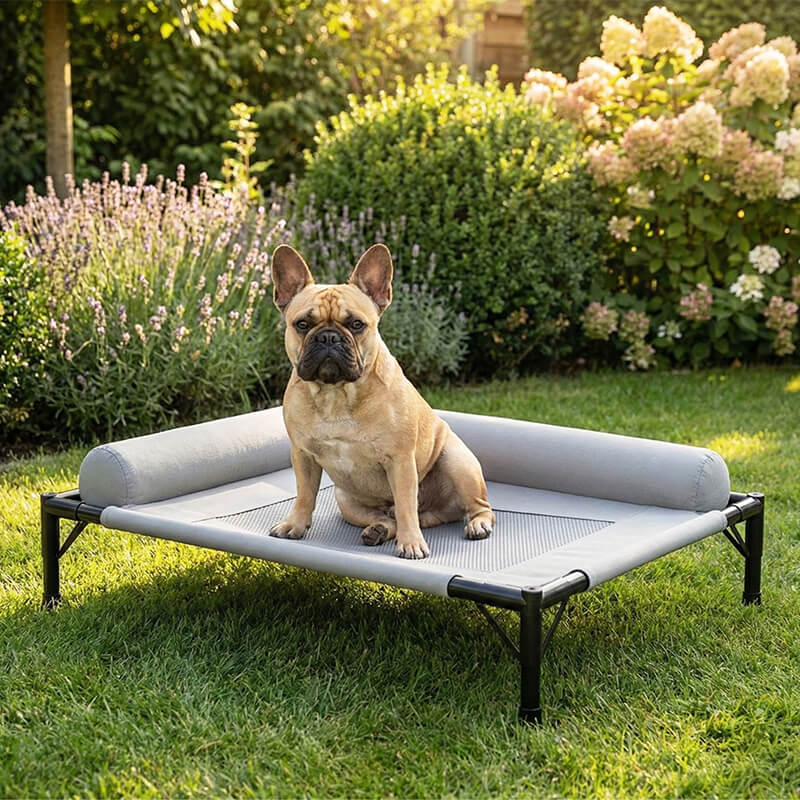 Erhöhte Outdoor Hundeliege "Vista" – Ergonomisches Hundebett mit Kopfstütze & atmungsaktivem Mesh