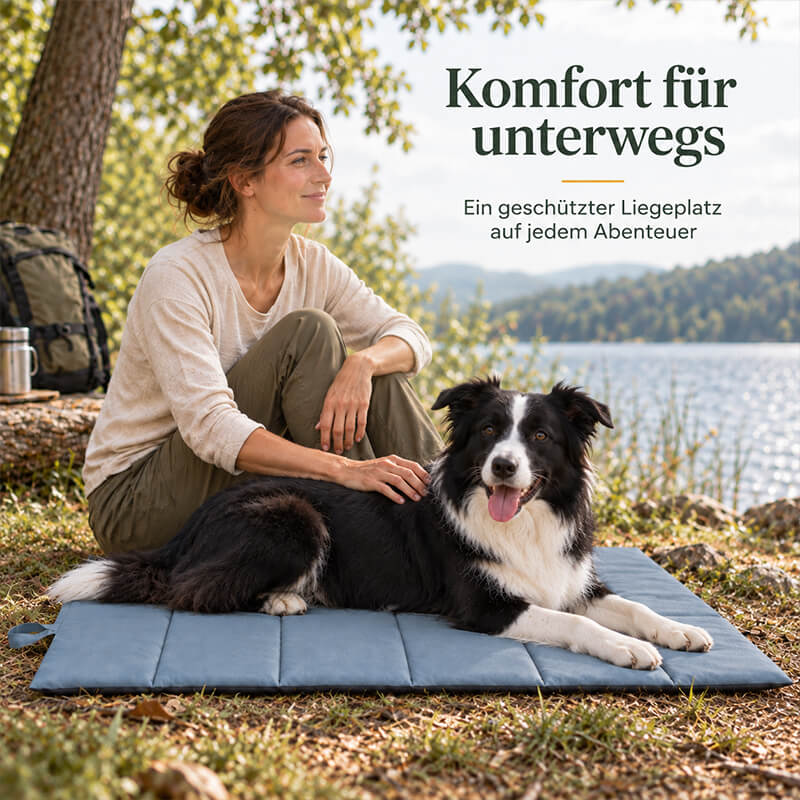 Hundematte für unterwegs: Border Collie liegt am See neben seiner Halterin auf der Outdoor-Matte