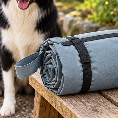 Zusammengerollte Hundematte mit Klettband und Trageschlaufe im Detail