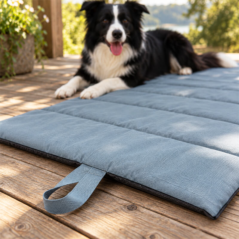 Schmutzabweisende Outdoor Hundematte auf der Holzterrasse, Border Collie liegt darauf, Trageschlaufe im Vordergrund
