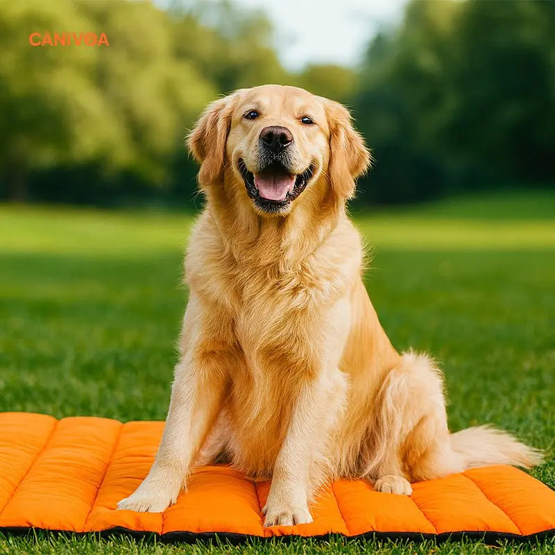 Outdoor Hundematte in Orange mit Golden Retriever auf Wiese