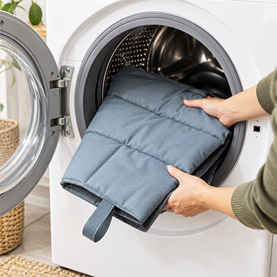 Outdoor Hundematte wird zum Waschen bei 30 Grad in die Waschmaschine gelegt