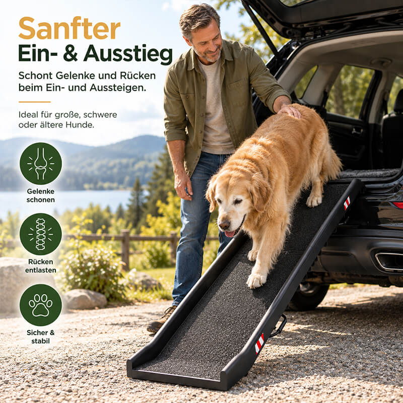 Hunderampe fürs Auto als gelenkschonende Einstiegshilfe für große und ältere Hunde beim Ein- und Aussteigen.