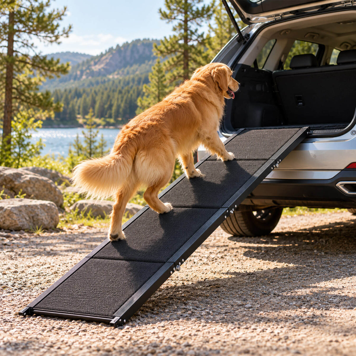 Golden Retriever steigt über die klappbare Alu-Hunderampe in den Kofferraum eines SUV