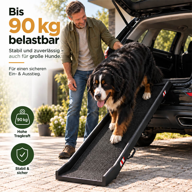 Hunderampe für große Hunde mit bis zu 90 kg Belastbarkeit als stabile Einstiegshilfe für den Auto-Kofferraum.