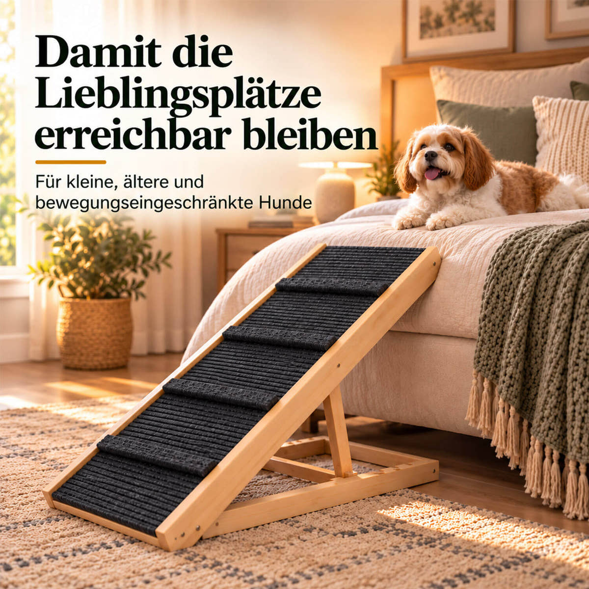Hunderampe aus Holz am Bett, damit kleine und ältere Hunde ihren Lieblingsplatz erreichen