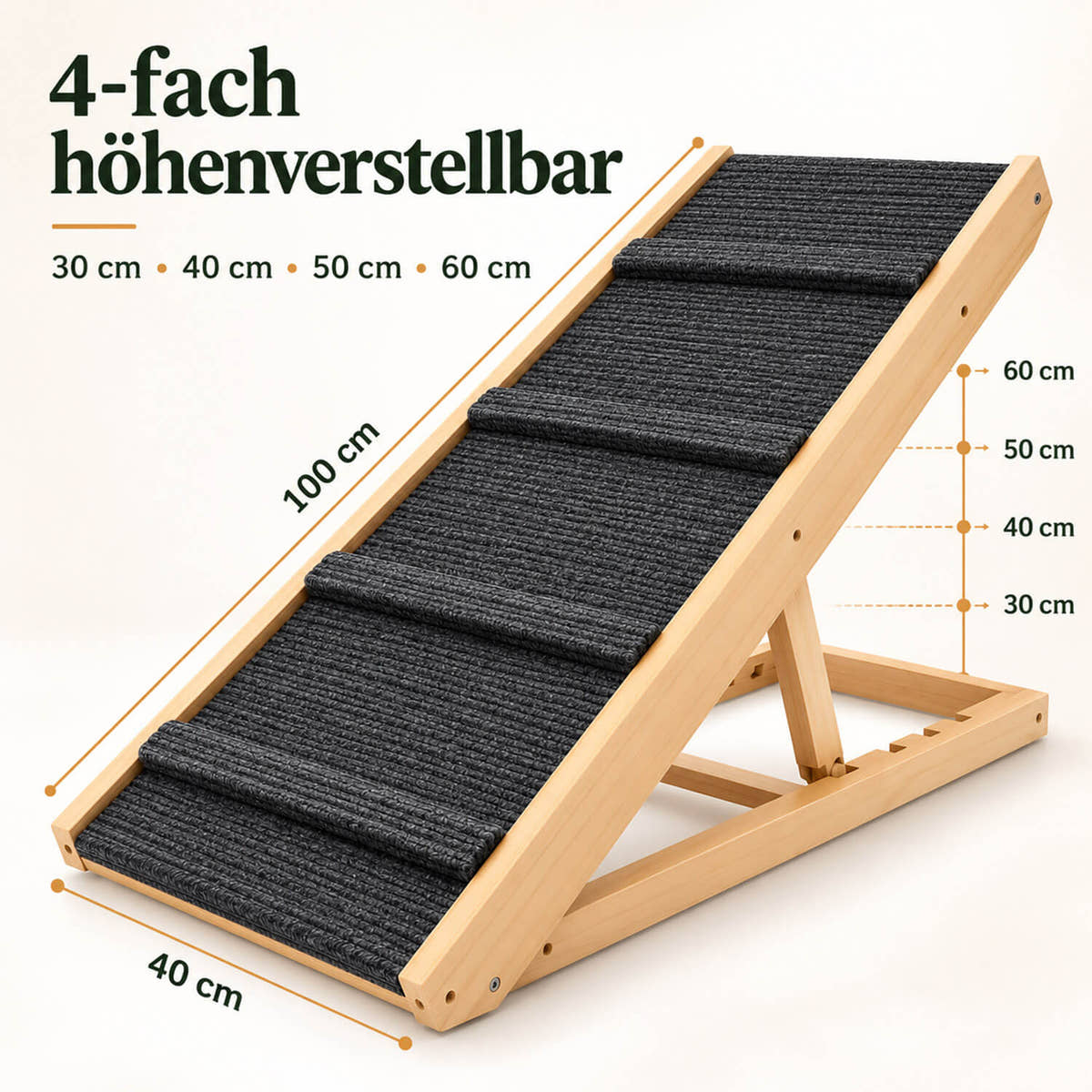 Maße der Hunderampe aus Holz: 100 cm lang, 40 cm breit, in vier Höhen von 30 bis 60 cm verstellbar