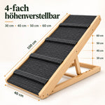 Maße der Hunderampe aus Holz: 100 cm lang, 40 cm breit, in vier Höhen von 30 bis 60 cm verstellbar